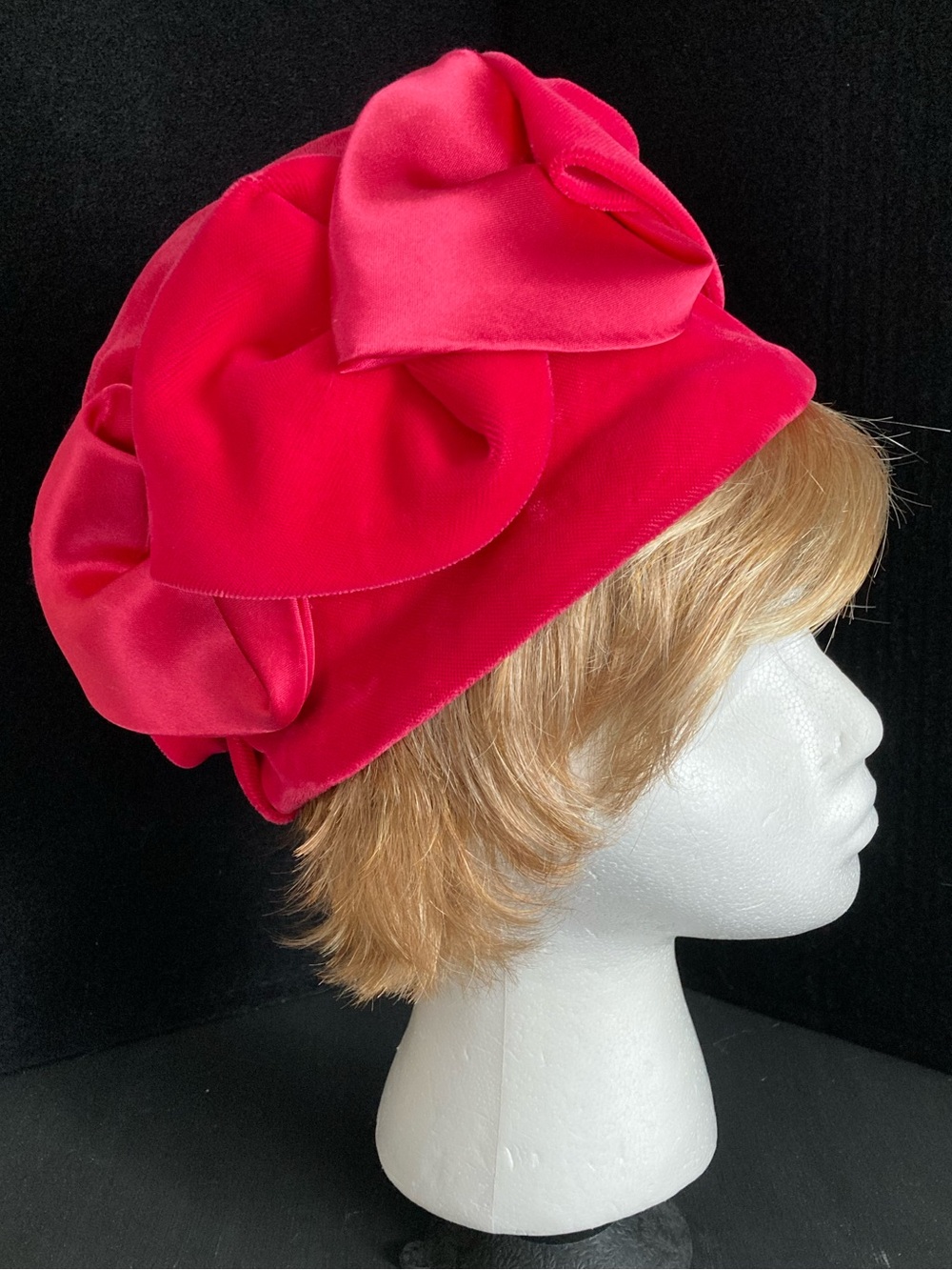 Vintage Raspberry Pink Velvet & Satin Pillbox or Bucket Style Hat